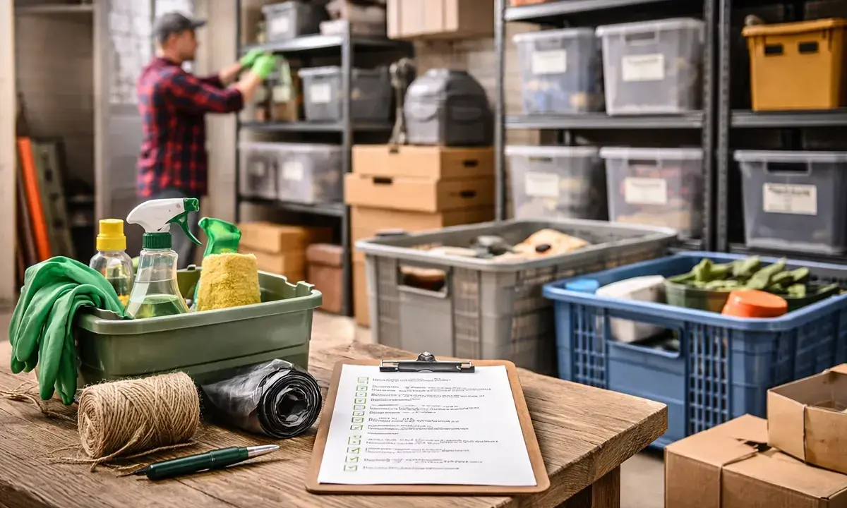 Checkliste für das Ausmisten des Kellers: Handschuhe, Reinigungsmittel und eine Rolle Müllbeutel liegen bereit. Ein Mann sortiert im Hintergrund.
