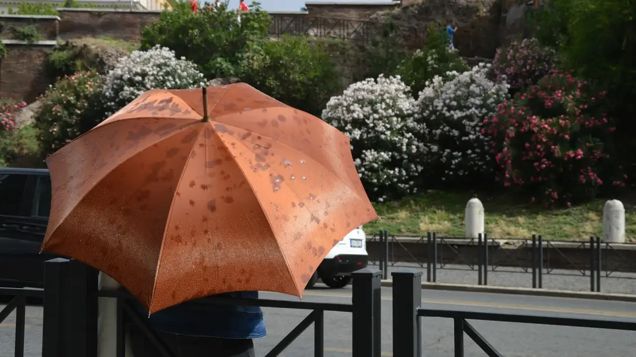 Ombrello arancione bagnato dalla pioggia, un'idea per cosa vedere a Roma se piove: musei e gallerie d'arte.
