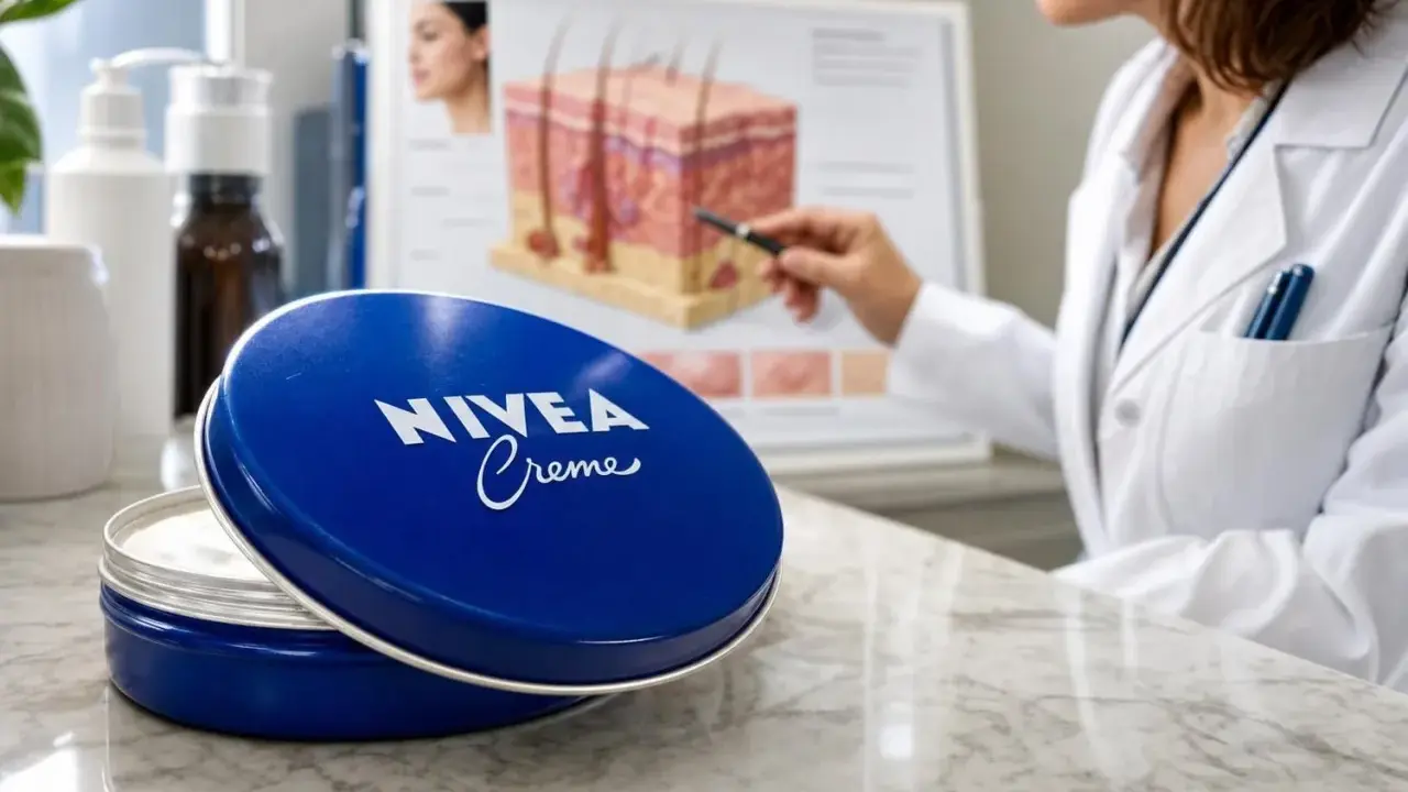 Boîte de crème Nivea bleue ouverte, avec une experte expliquant les bienfaits de la crème sur la peau.