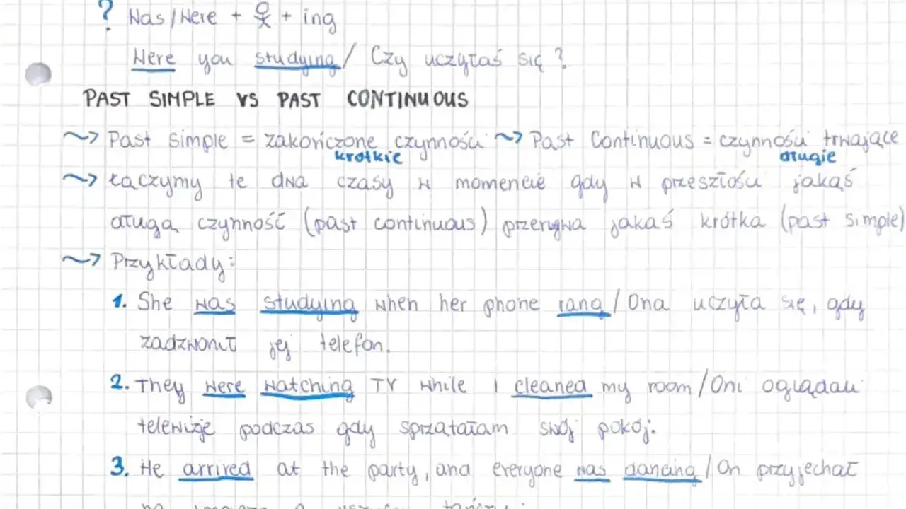 Notatki o czasach Past Simple i Past Continuous. Past Simple to zakończone czynności, Past Continuous to czynności trwające. Używamy ich, gdy jedna czynność (past continuous) przerywa inną, krótką (past simple).