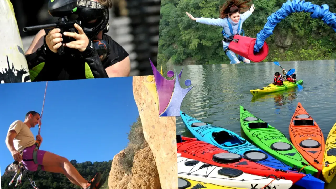 Collage de actividades de multiaventura con niños: paintball, escalada, kayak, puenting. ¡Diversión garantizada!
