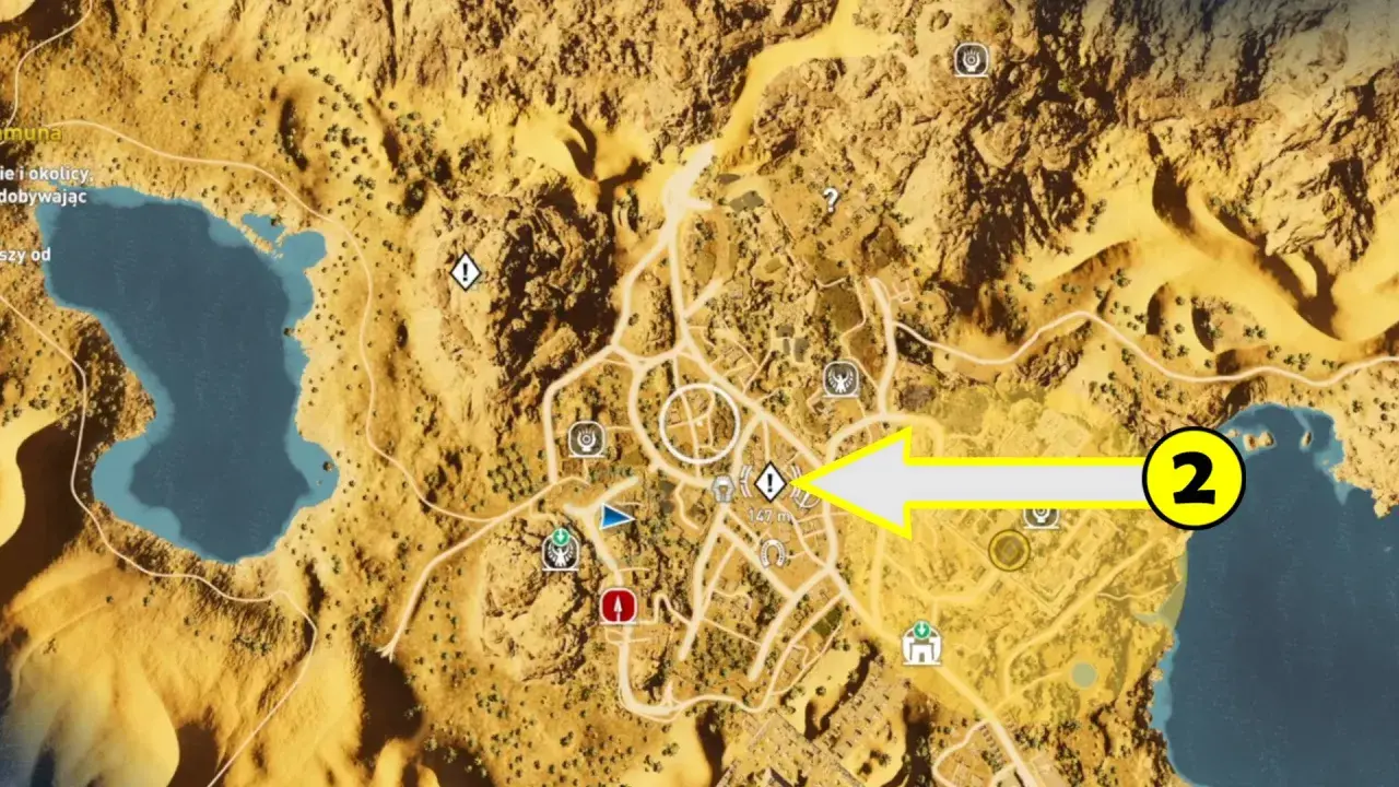 Mapa z gry Assassin's Creed. Żółta strzałka wskazuje cel misji w mieście.