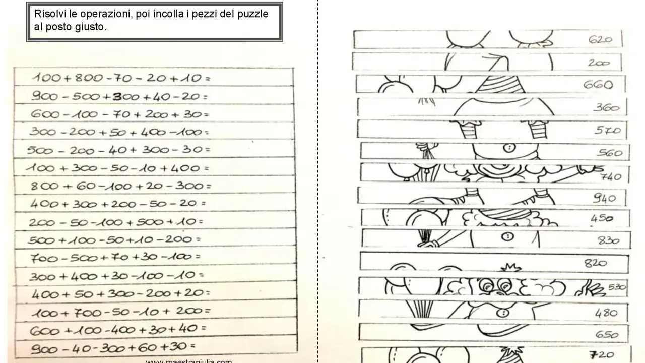 Schede matematica carnevale: risolvi le operazioni e incolla i pezzi del puzzle con i risultati corretti per completare le immagini.