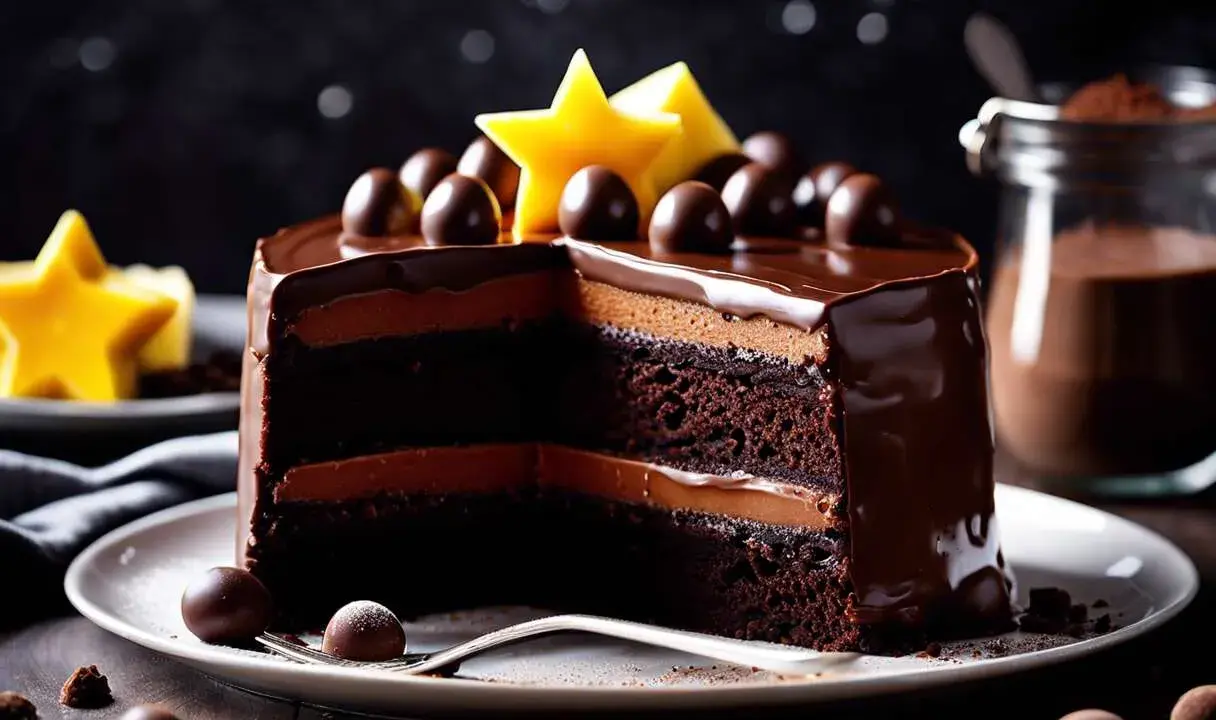 Un gâteau au chocolat moelleux et facile, avec des couches de ganache et décoré de boules de chocolat et d'étoiles jaunes.