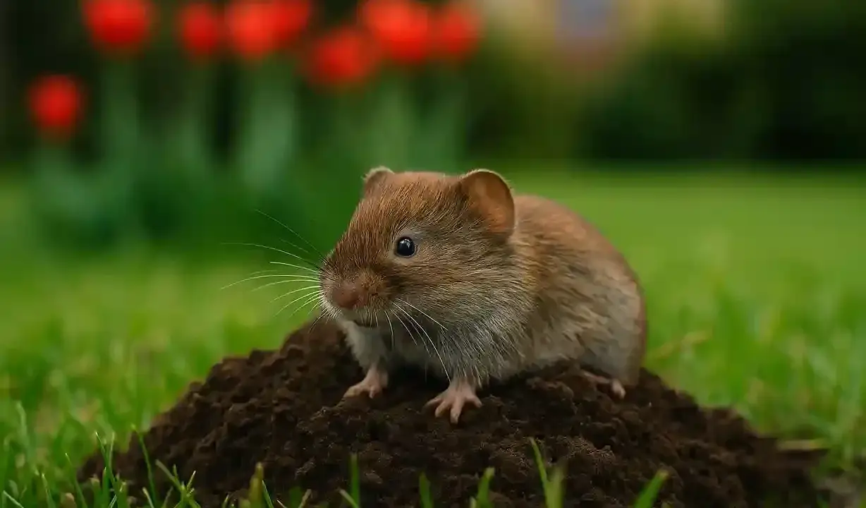 Mały karczownik siedzi na kopczyku ziemi w ogrodzie, wśród zielonej trawy i rozmytych czerwonych tulipanów.