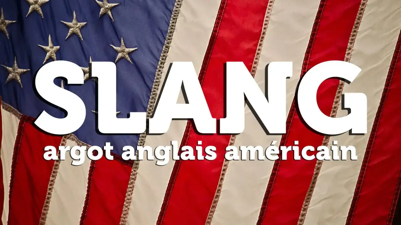 Le mot "SLANG" en gros caractères blancs sur fond de drapeau américain. En dessous, "argot anglais américain" en plus petit.