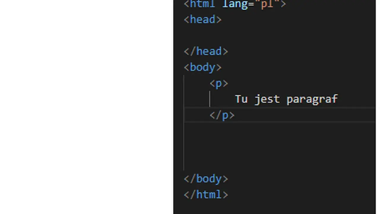 Kod html z tagami body i p. Tekst "Tu jest paragraf" wyświetlany w przeglądarce.