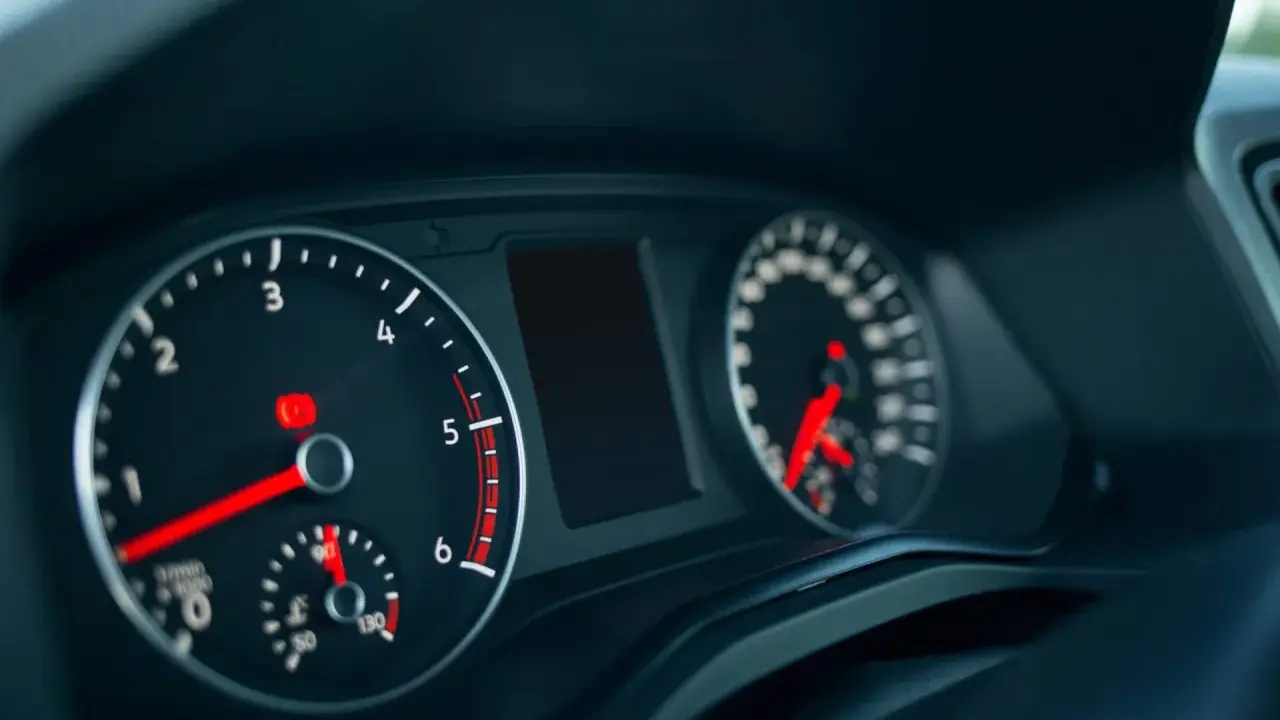 El tacómetro muestra el motor en ralenti coche, con la aguja cerca de 0 RPM. El velocímetro está apagado.