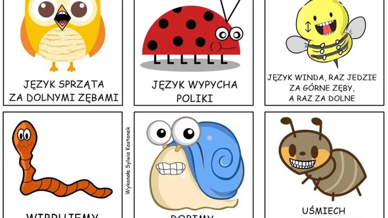 Zabawne gry logopedyczne dla 4 latka: sowa czyści zęby, biedronka wypycha policzki, pszczoła jeździ językiem, dżdżownica wibruje wargami, ślimak robi groźną minę, mrówka uśmiecha się z zębami.