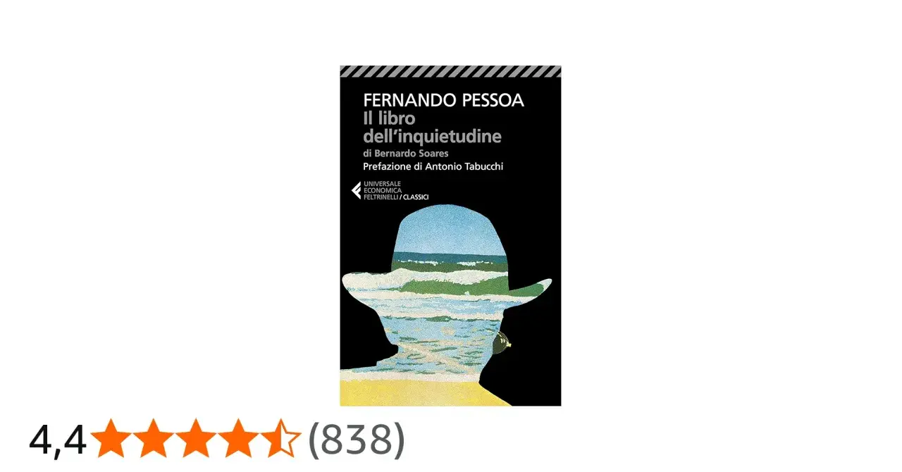 Copertina de "Il libro dell'inquietudine" di Fernando Pessoa, con un'illustrazione di un paesaggio marino dentro un profilo di cappello.
