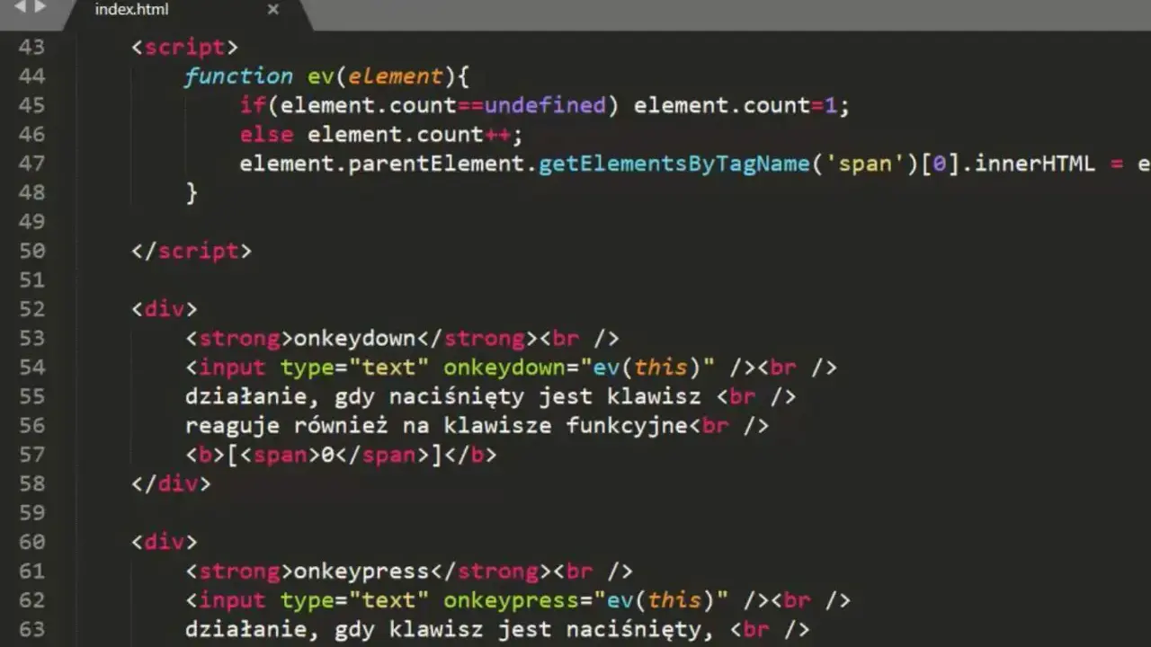 Kod HTML z funkcją JavaScript do obsługi zdarzeń klawiatury. Używa semantyczny HTML do strukturyzacji.