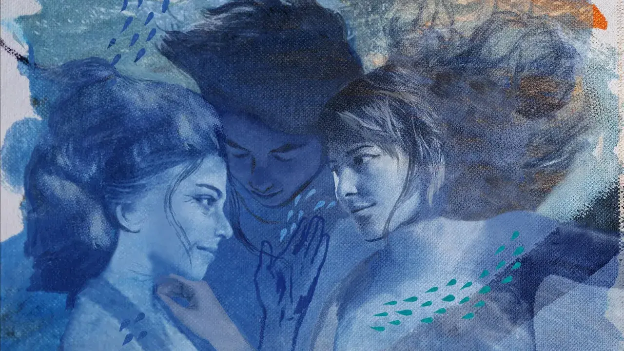 Tre volti in blu, immersi in un'atmosfera onirica. La **perspiratio insensibilis** sembra evocata dalle gocce d'acqua e dalla fusione dei corpi.