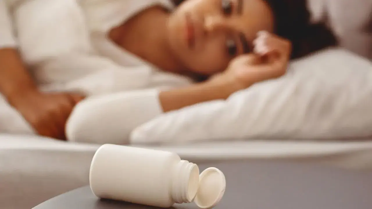 Frau liegt im Bett, daneben eine offene Pillendose mit Tabletten. Vielleicht die Suche nach Schlaf mit Melatonin maximaldosis.