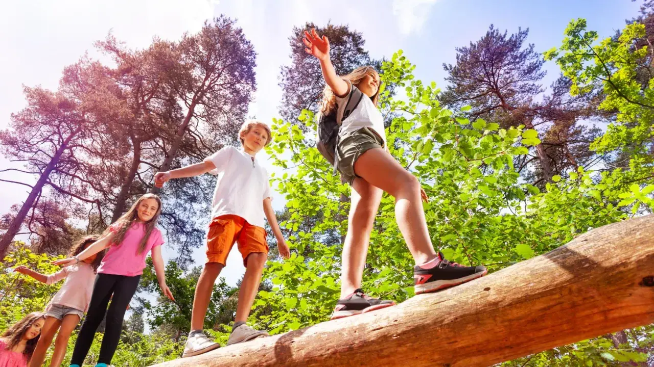 Niños en un campamento de verano practicando equilibrio sobre un tronco caído en un bosque soleado.