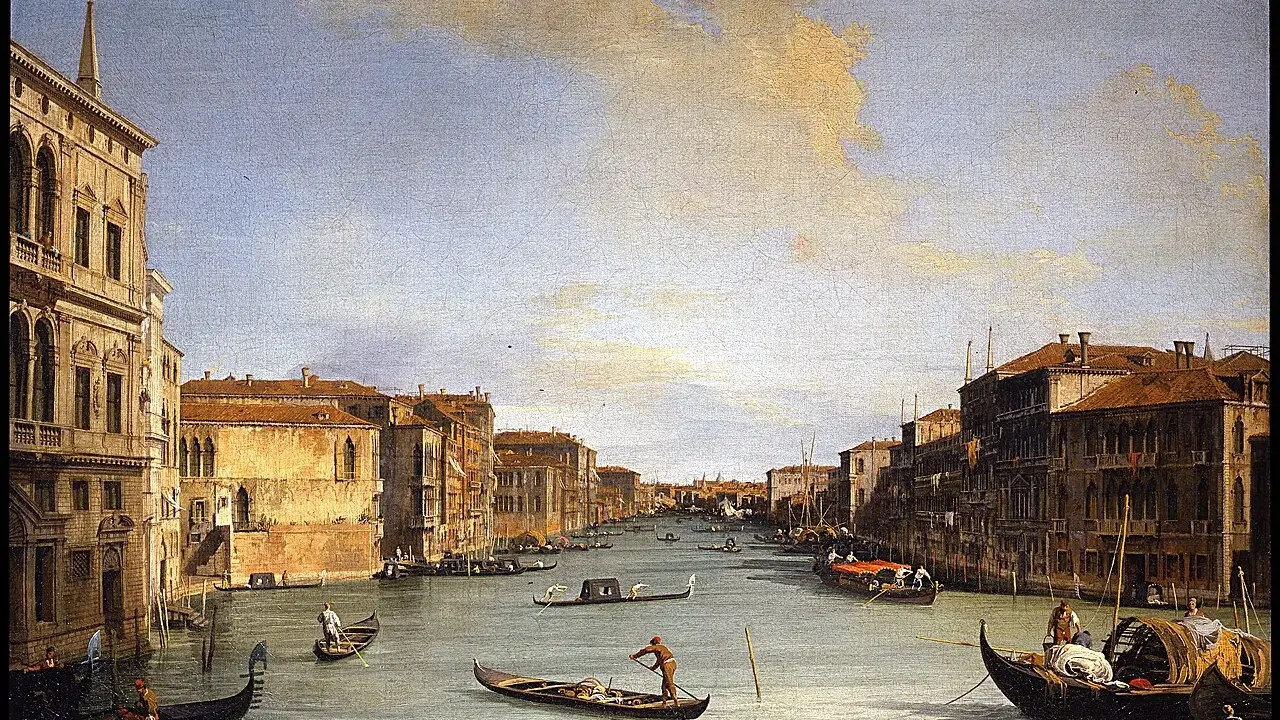 Peinture d'un canal à Venise avec des gondoles et des bâtiments historiques.