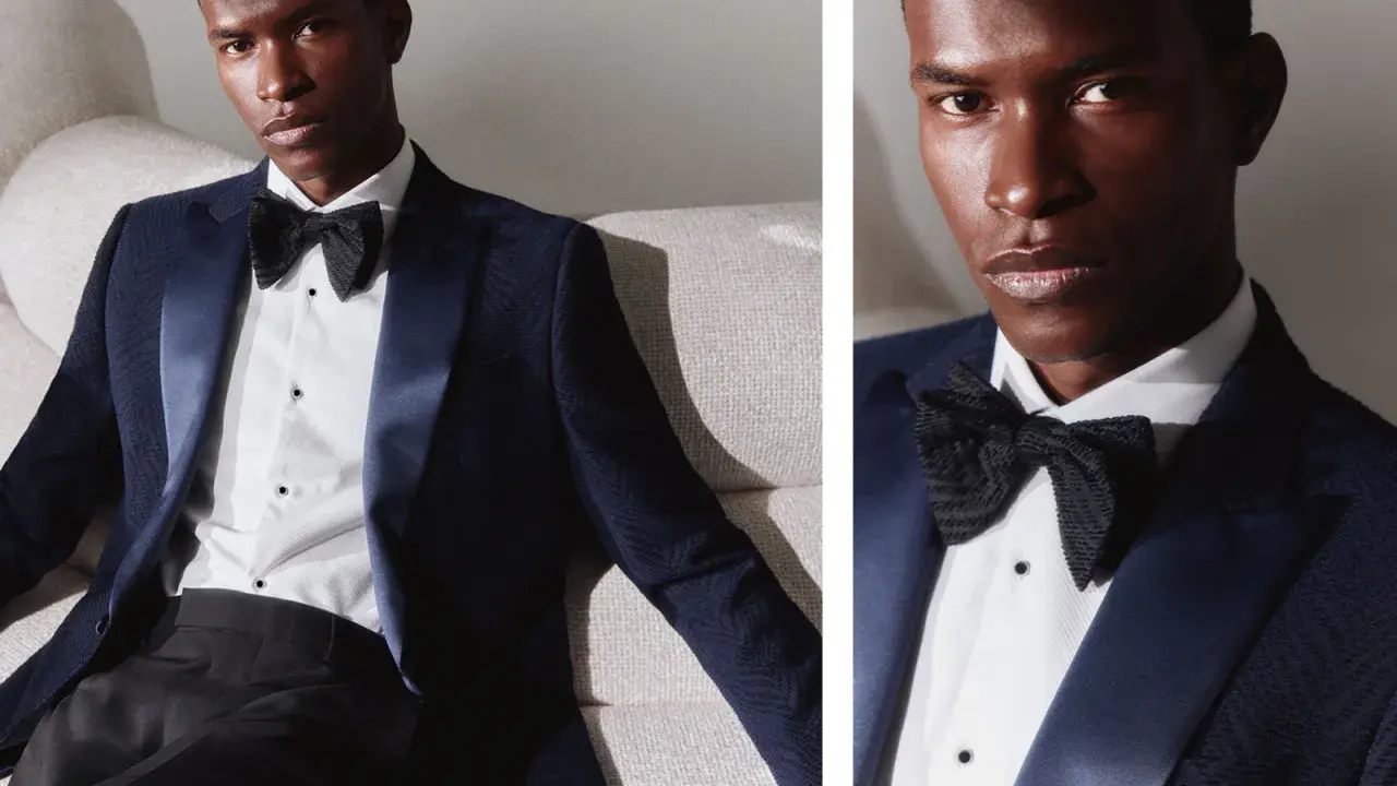 A man in a dark blue dinner jacket vs tuxedo, with a satin lapel and black bow tie, poses on a textured sofa.