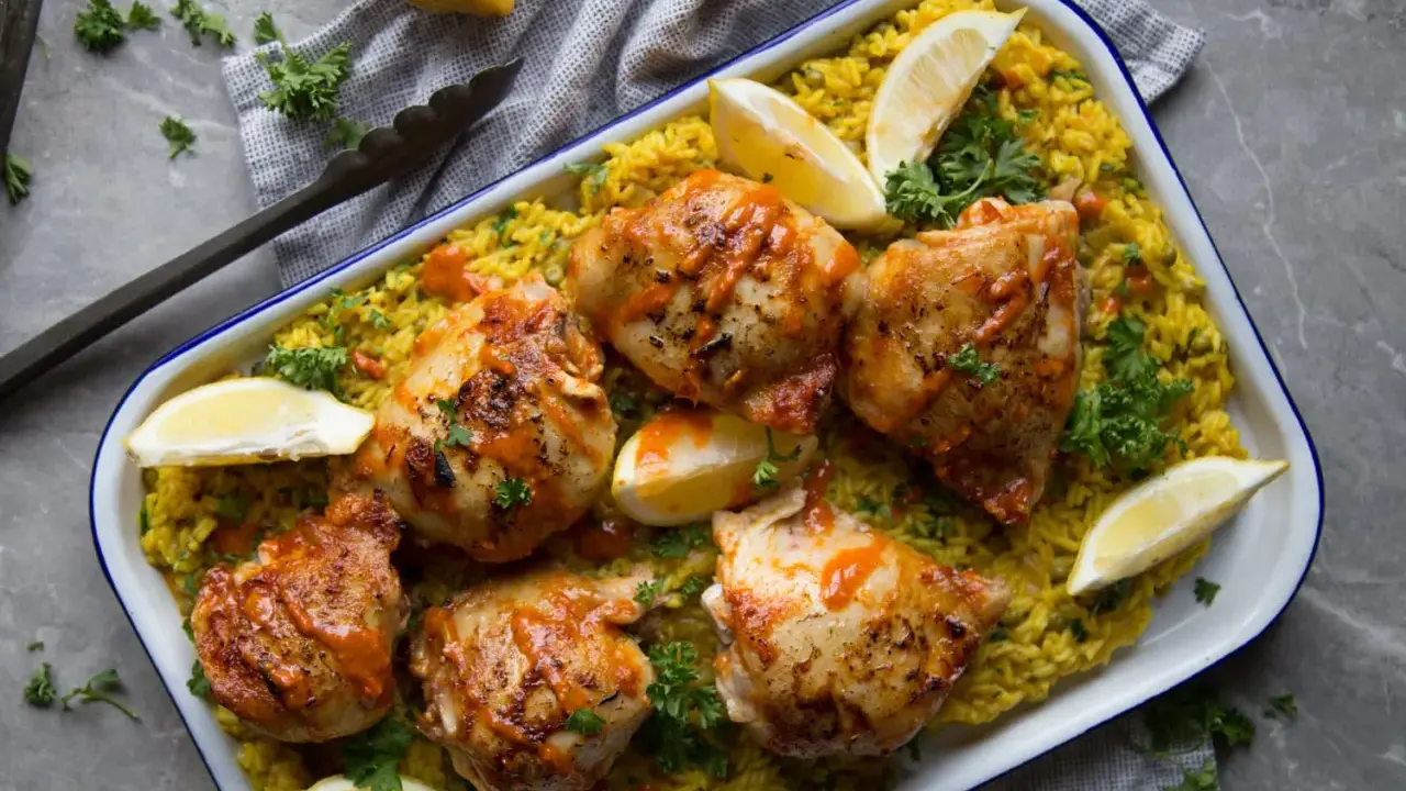 Poulet piri piri savoureux sur un lit de riz jaune, garni de quartiers de citron et de persil frais. Un délice épicé à partager.