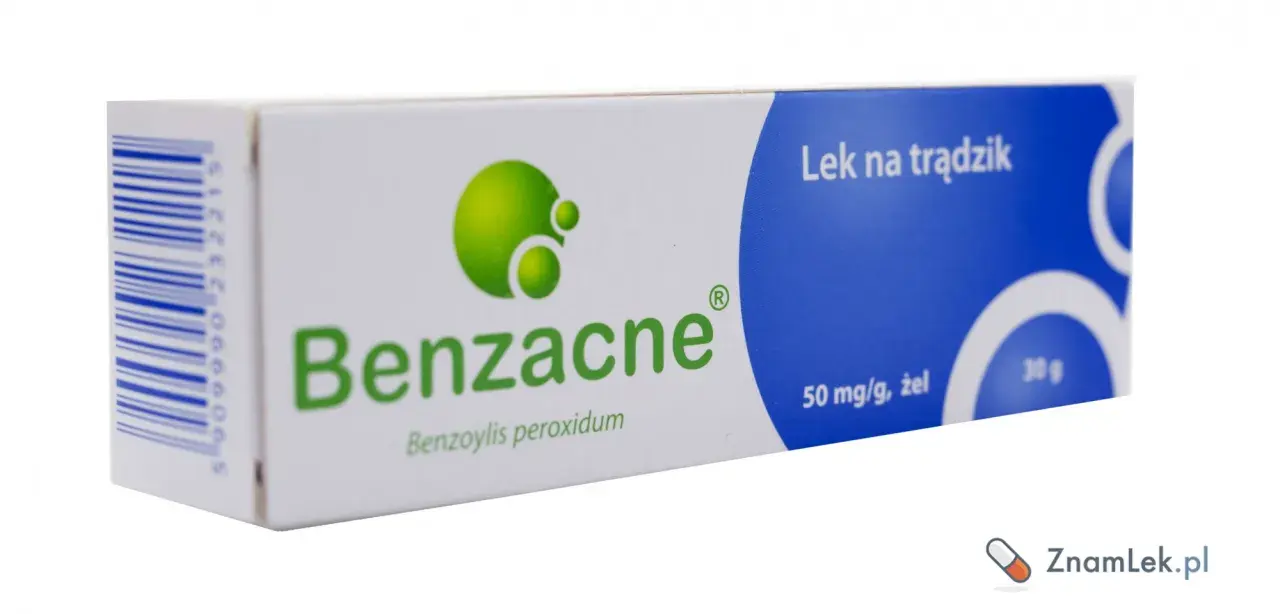 Opakowanie leku Benzacne, żelu na trądzik z nadtlenkiem benzoilu. Szukasz zamiennika? Sprawdź skład.