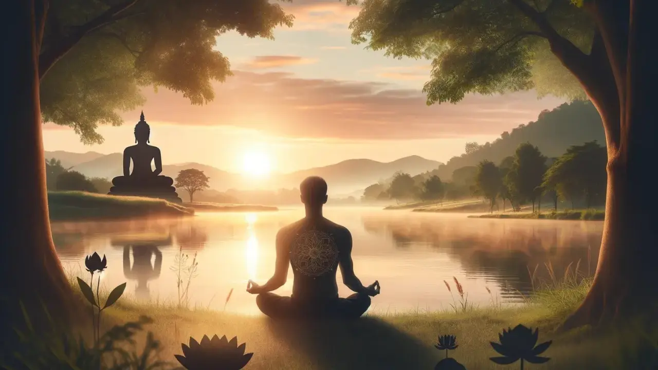 En person sitter i meditation vid en sjö, med en Buddha-staty i bakgrunden. Solnedgången skapar en fridfull atmosfär för meditation och buddhism.