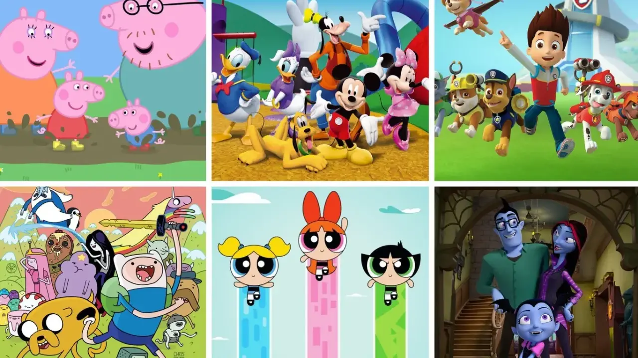 Collage de series animadas antiguas: Peppa Pig, Mickey y amigos, Paw Patrol, Hora de Aventura, Las Chicas Superpoderosas y Vampirina.