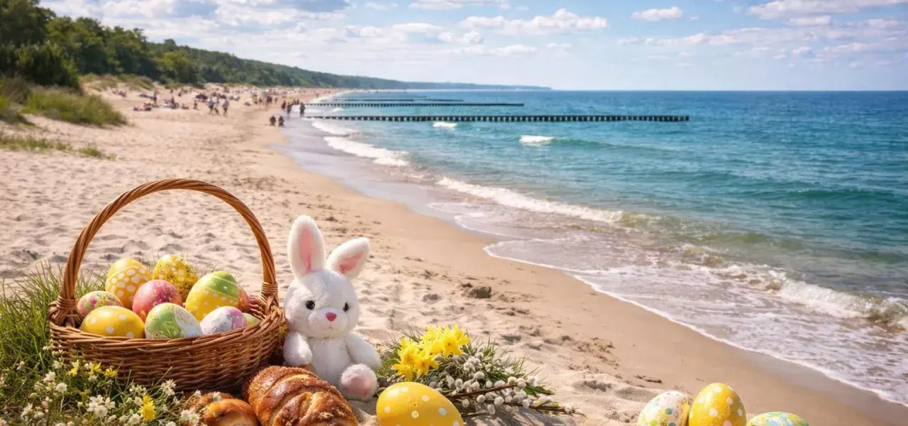 Koszyk z pisankami i zajączek na plaży. Idealne miejsce, gdzie spędzić święta wielkanocne w Polsce, nad Bałtykiem.