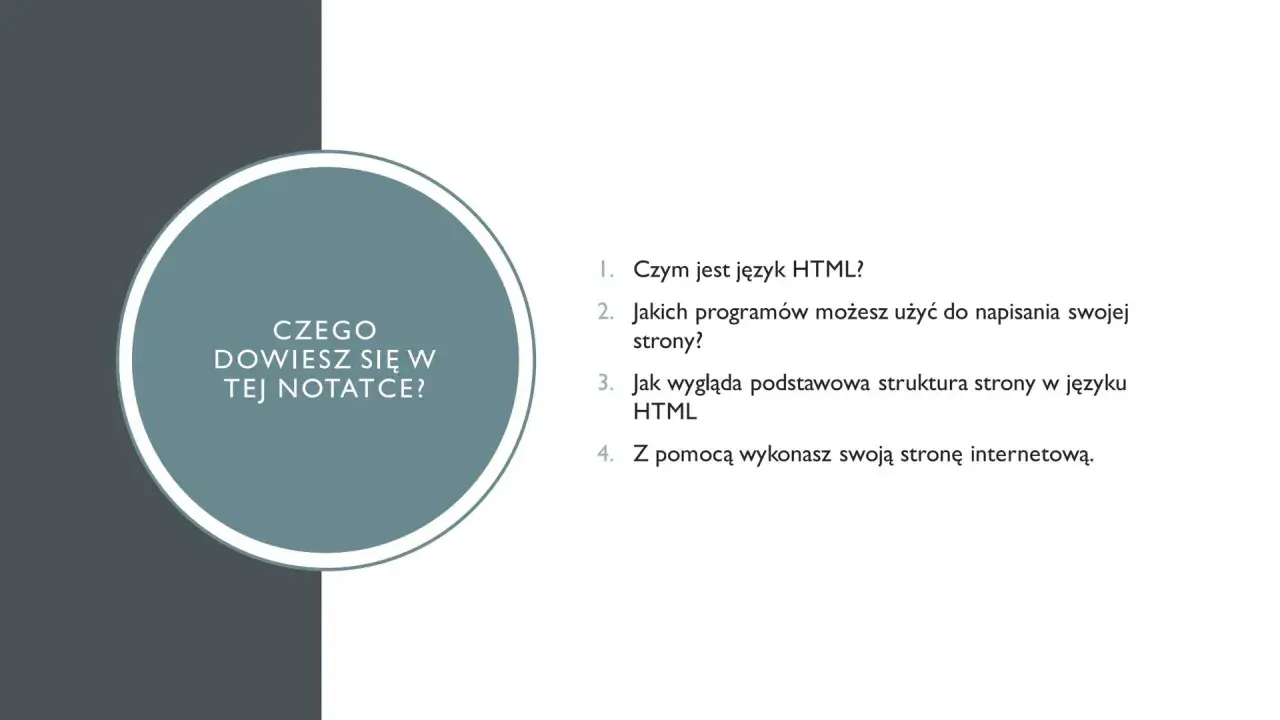 Grafika z tekstem "Czego dowiesz się w tej notatce?" i lista pytań o HTML.