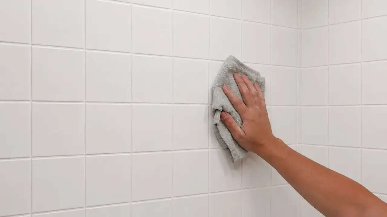 Mano limpiando azulejos blancos recién colocados con un paño gris.
