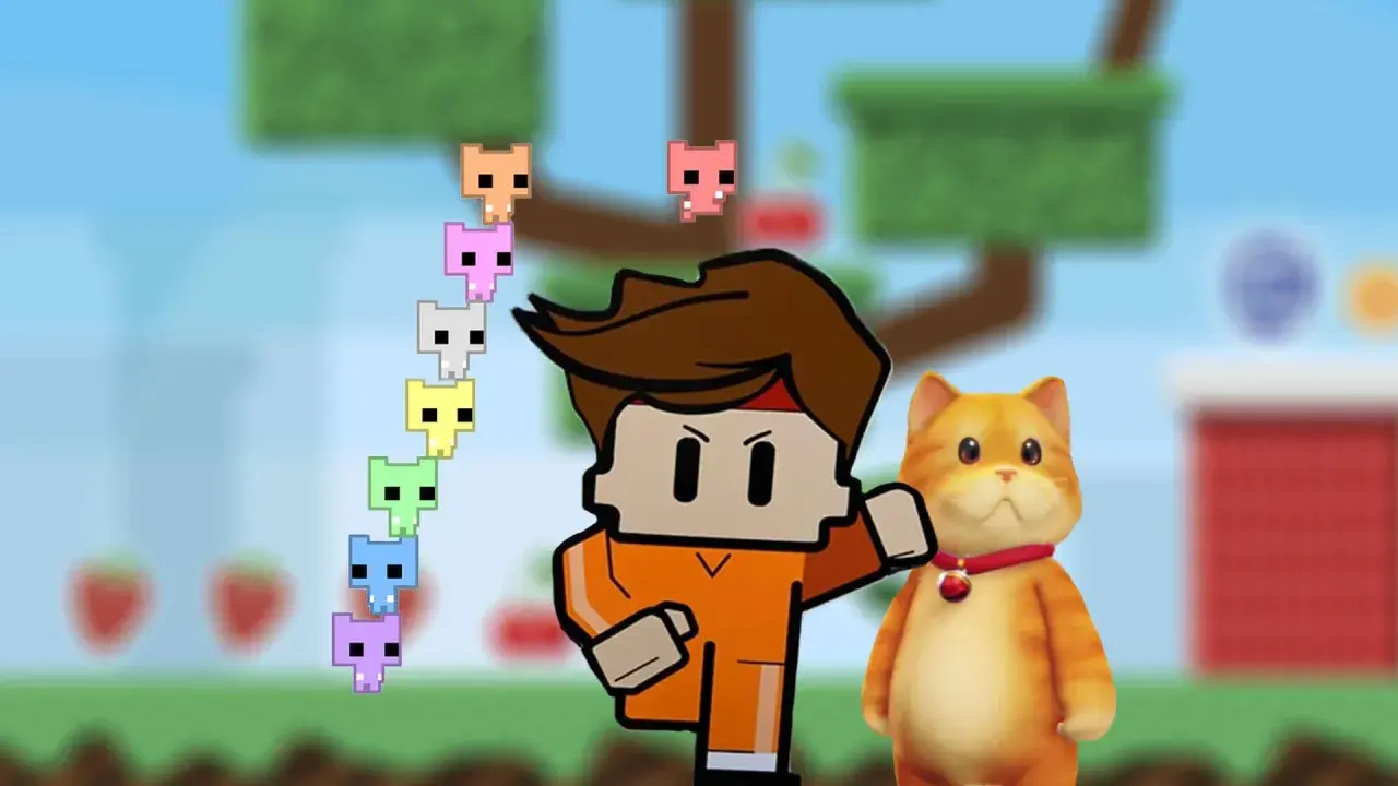 Kolorowe pikselowe stworki i rudy kot towarzyszą postaci z gry, która przypomina gry podobne do Overcooked.