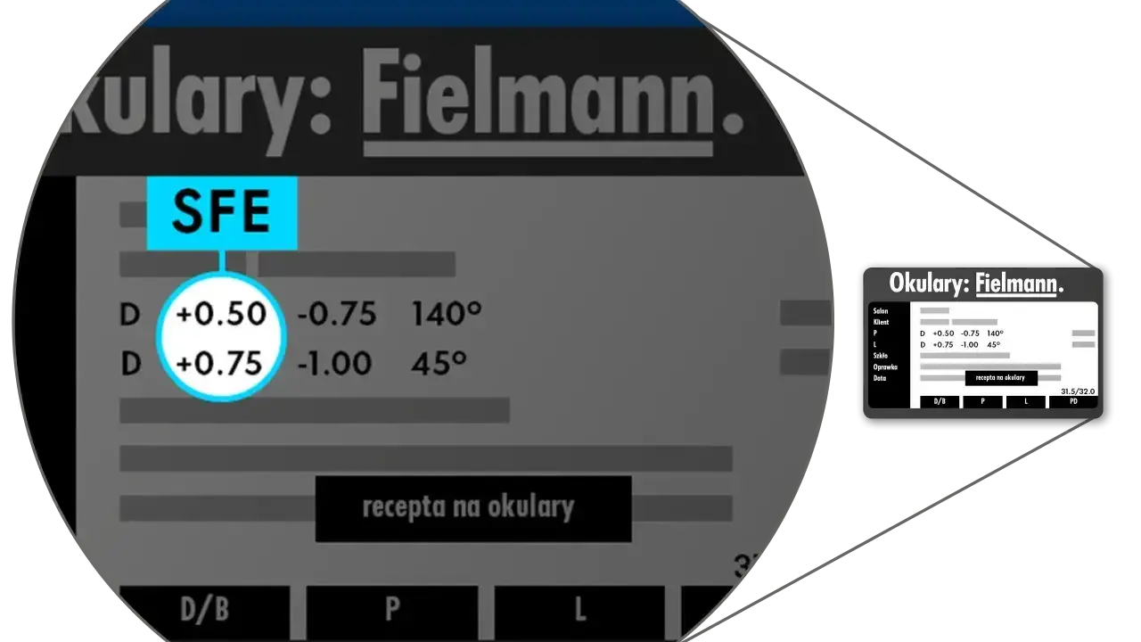 Recepta na okulary Fielmann. Pokazuje parametry soczewek, np. addycja co to jest, moc sferyczną i cylindryczną.