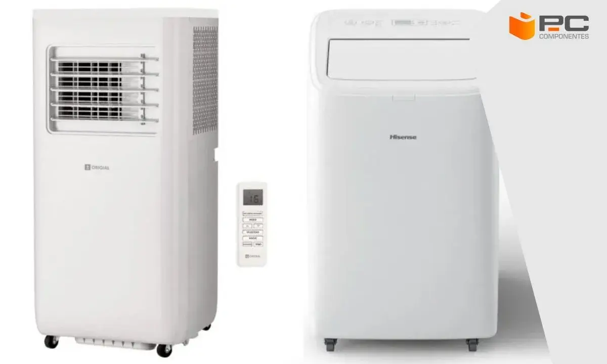 Dos aires acondicionados portátiles blancos, uno de la marca "ORIGINAL" con rejilla frontal y otro "Hisense", junto a un mando a distancia.