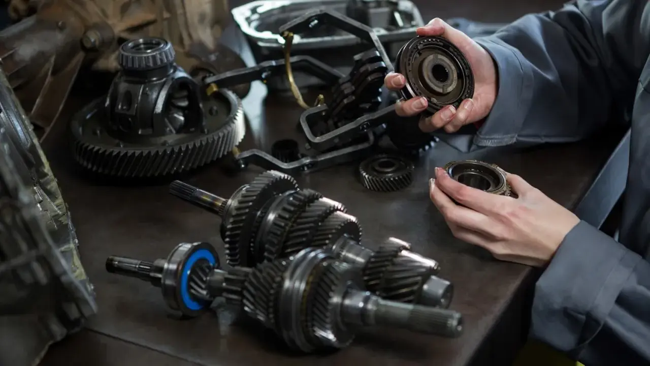 Mechanik analizuje części skrzyni biegów, szukając przyczyny, dla której sprzęgło skrzypi przy puszczaniu.