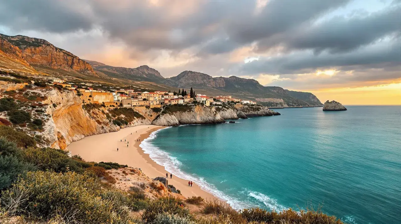 Traumhafte Bucht auf Sardinien im Oktober. Das Wetter ist mild, die Sonne bricht durch die Wolken und taucht die Küste in warmes Licht. Ein perfekter Tag für einen Spaziergang am Strand.