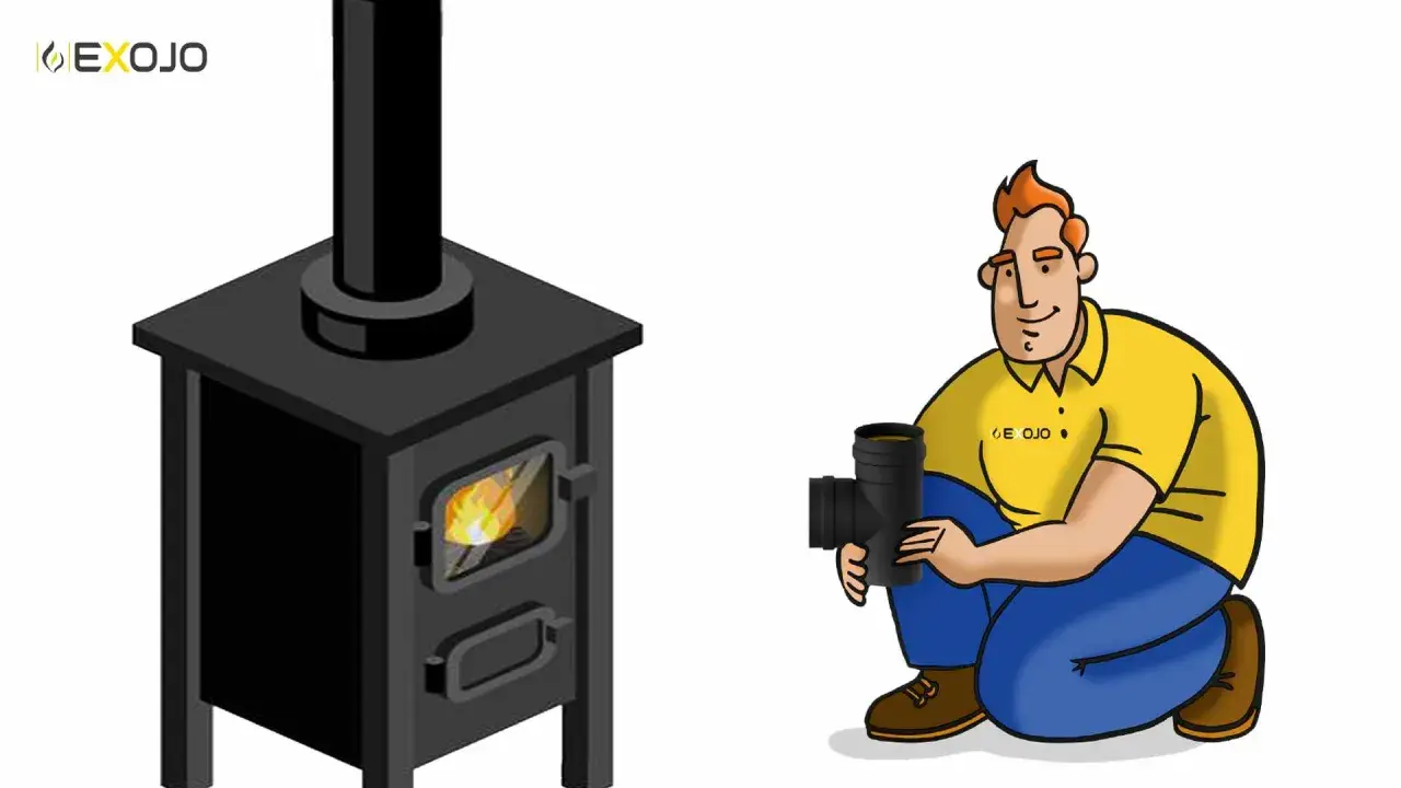 Hombre con codo de chimenea listo para instalar chimenea de leña en casa.