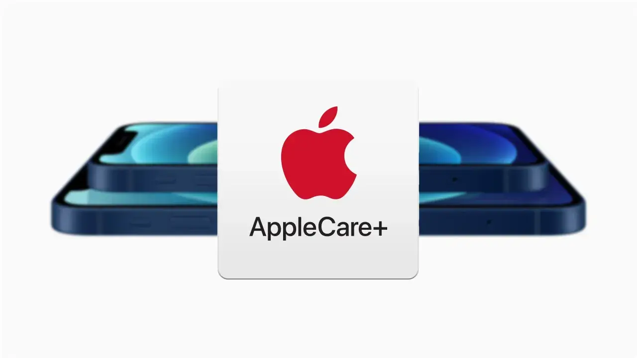 Logo Apple z napisem AppleCare+ na tle iPhone'ów. Zapewnij sobie spokój ducha z AppleCare+.
