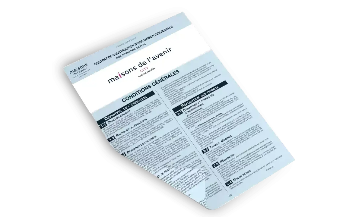 Contrat de construction d'une maison individuelle avec fourniture de plan. Conditions générales, définition de l'opération, rappel de la législation, définition de l'ouvrage, démarches administratives, travaux réservés, réalisation et modifications. CC...