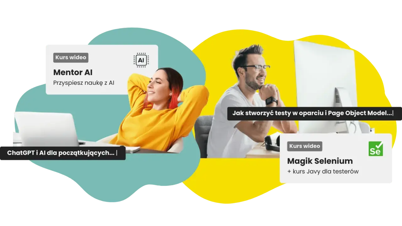 Kobieta z laptopem i kurs "Mentor AI", mężczyzna przy komputerze z kursem "Magik Selenium" - nauka tworzenia testów, w tym **automation qa**.