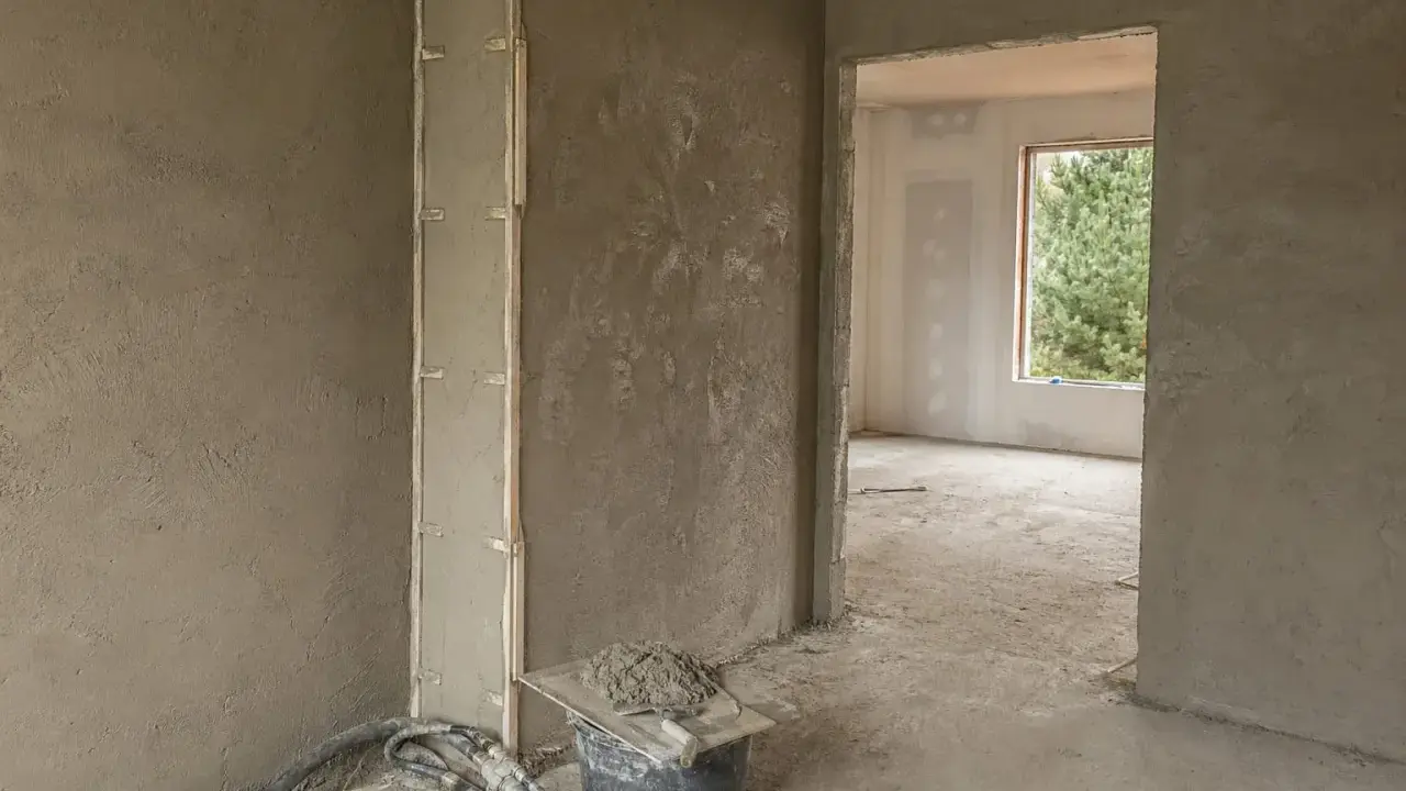 Ściany pokryte tynkami cementowo wapiennymi, przygotowane do dalszych prac. Widać wiadro z zaprawą i narzędzia.