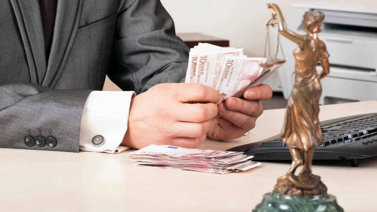 Un homme en costume compte des billets d'euros, une balance de la justice à proximité. La question se pose : le donateur peut-il vendre un bien donné en donation ?