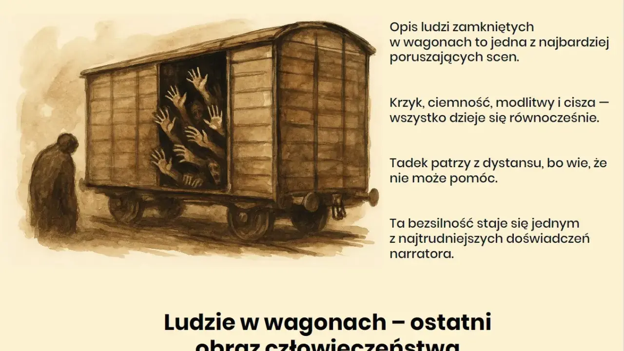 Ludzie w wagonie, błagające ręce. Tadek patrzy, wie, że nie może pomóc. "Proszę państwa do gazu" – krzyki, modlitwy, cisza.