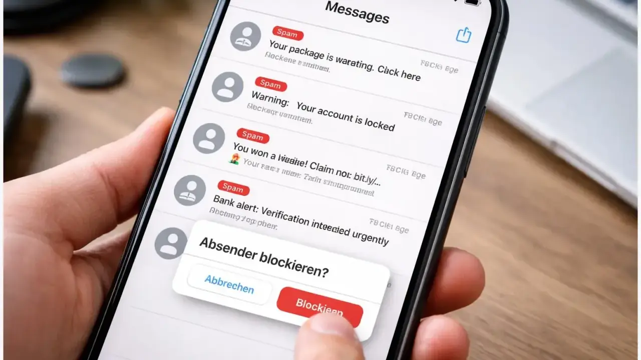 Hand blockiert unerwünschte SMS. Die Nachricht "Absender blockieren?" wird auf dem Smartphone angezeigt.