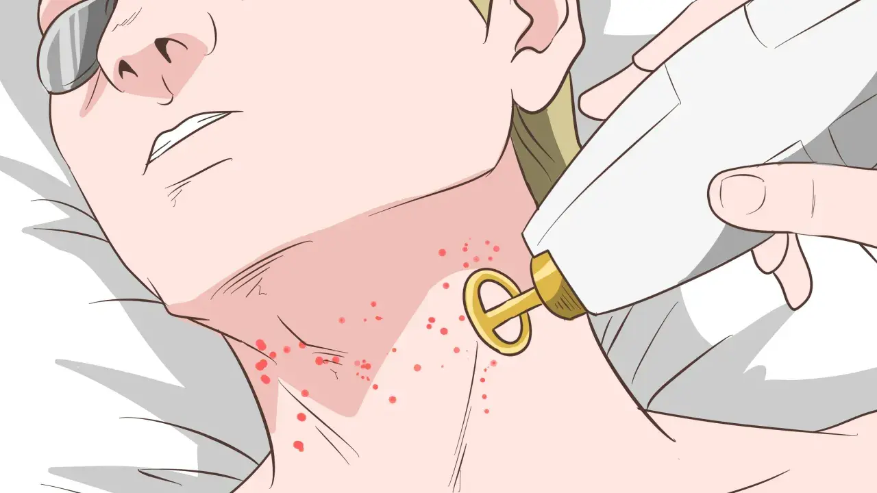 Persona con gafas protectoras recibe tratamiento láser para el acné en el cuello.