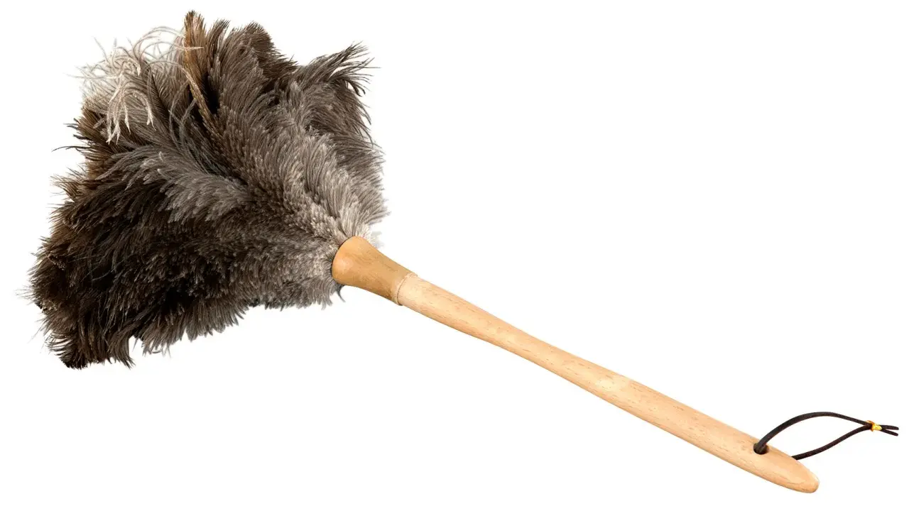 En dammvippa av strutsfjädrar med trähandtag, perfekt för att samla damm.