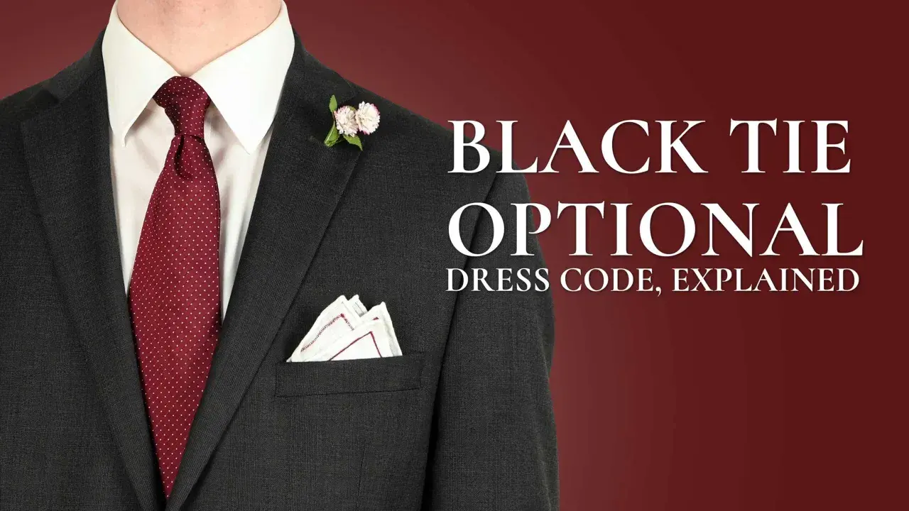 A man in a dark suit, white shirt, and red polka-dot tie, with a boutonnière and pocket square. Text reads "BLACK TIE OPTIONAL".