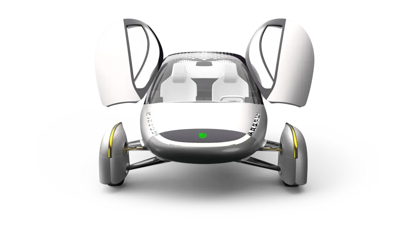 Concept de voiture électrique futuriste avec portes papillon ouvertes. Imaginez un voyage de 1600 km sans recharge !