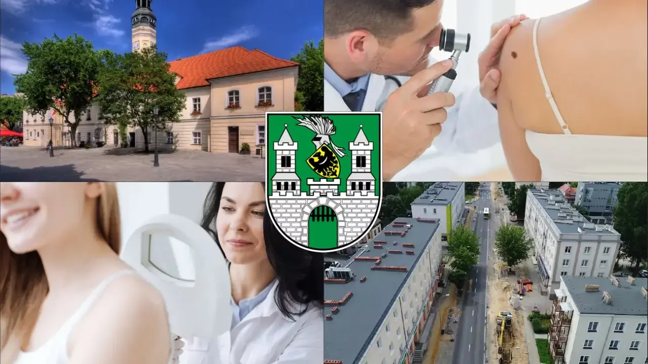 Kolaż: ratusz, lekarz badający znamię, herb miasta, pacjentka i widok ulicy.