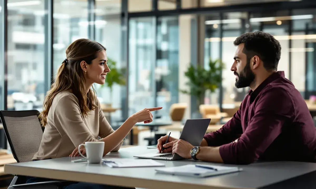 Une femme explique un point à un homme, son **custom success manager**, devant un ordinateur portable dans un bureau moderne.