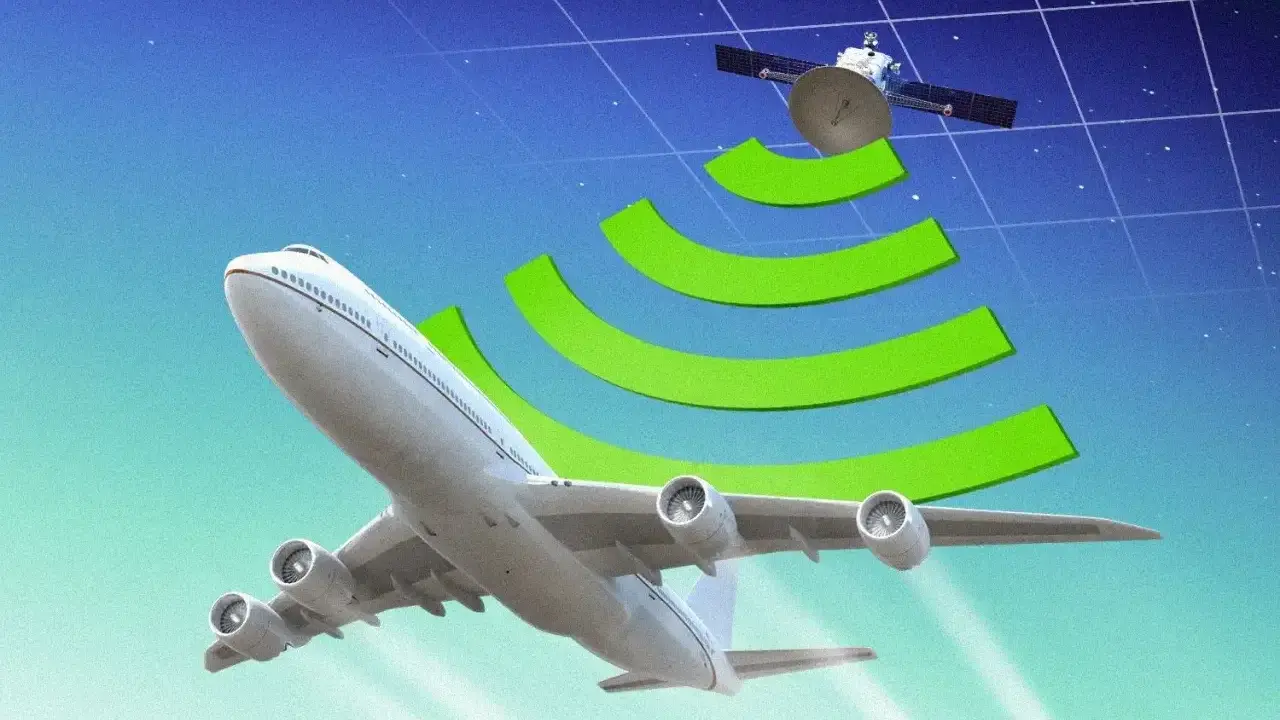 Samolot w przestworzach odbiera sygnał z satelity, co pokazuje, że w samolocie można używać internetu.