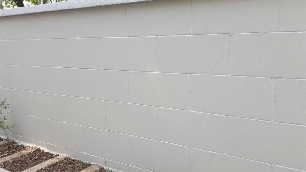 Mur extérieur en béton cellulaire peint en blanc, avec une bordure en pierre grise au sommet. Des plantes poussent à la base.