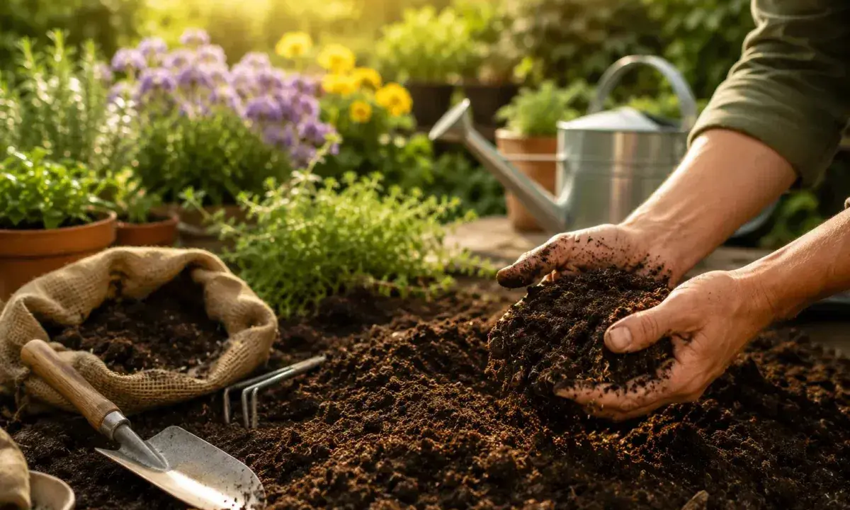 Manos sostienen tierra fértil, lista para sembrar en la tierra de huertos. Herramientas de jardinería y flores en el fondo.