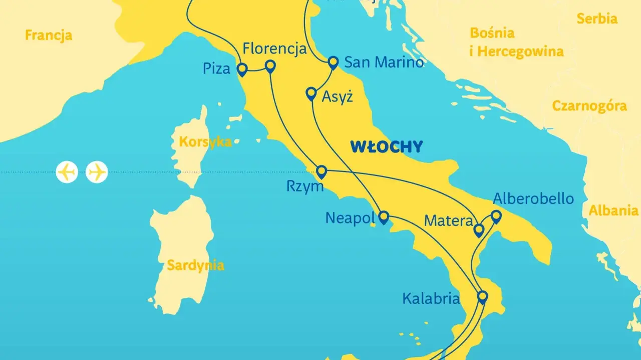 Mapa turystyczna Włoch z zaznaczoną trasą przez Mediolan, Florencję, Rzym, Neapol, Materę, Alberobello i Kalabrię.